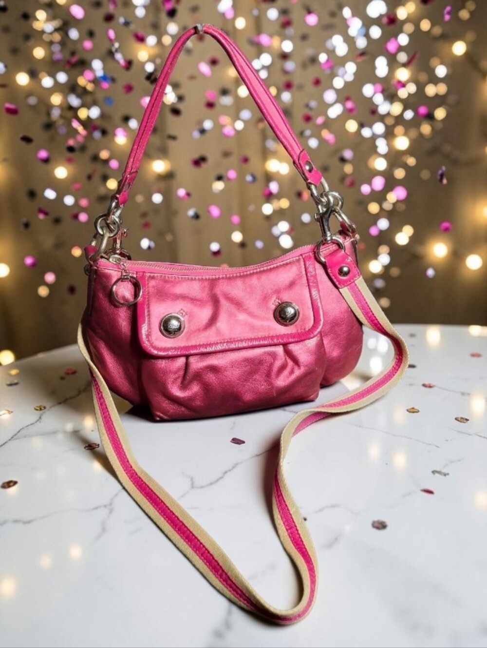 Coach Poppy Groovy Double Button Shimmer Pink Hobo Crossbody Shoulder bag Rare